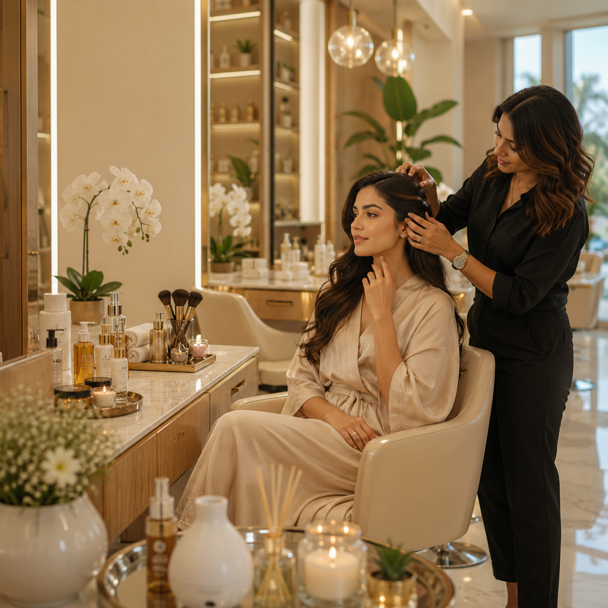 Professional barber styling client haircut in luxury grooming lounge