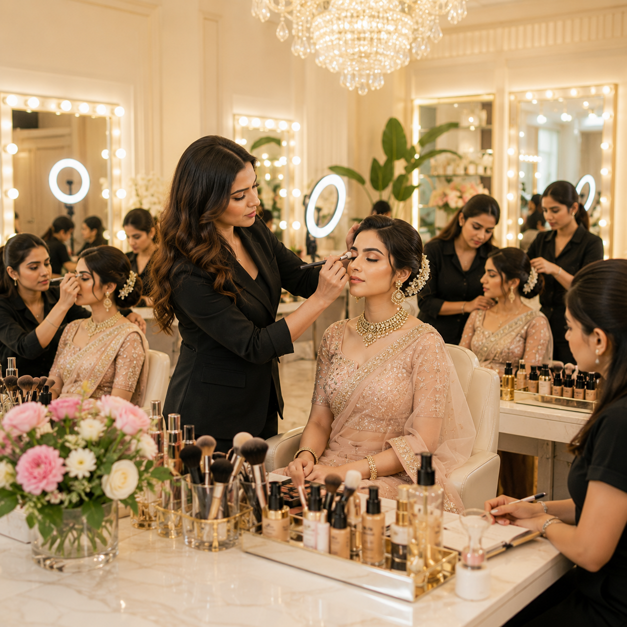 Student practicing professional makeup artistry during a beauty academy course class