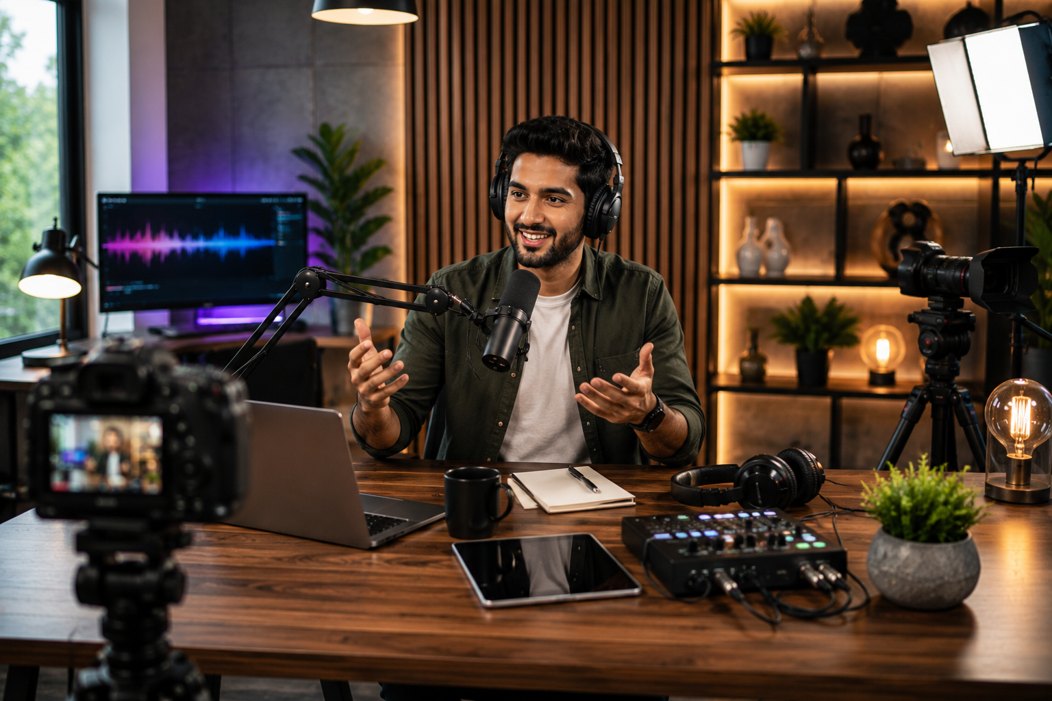 Podcaster recording episode in studio with microphone