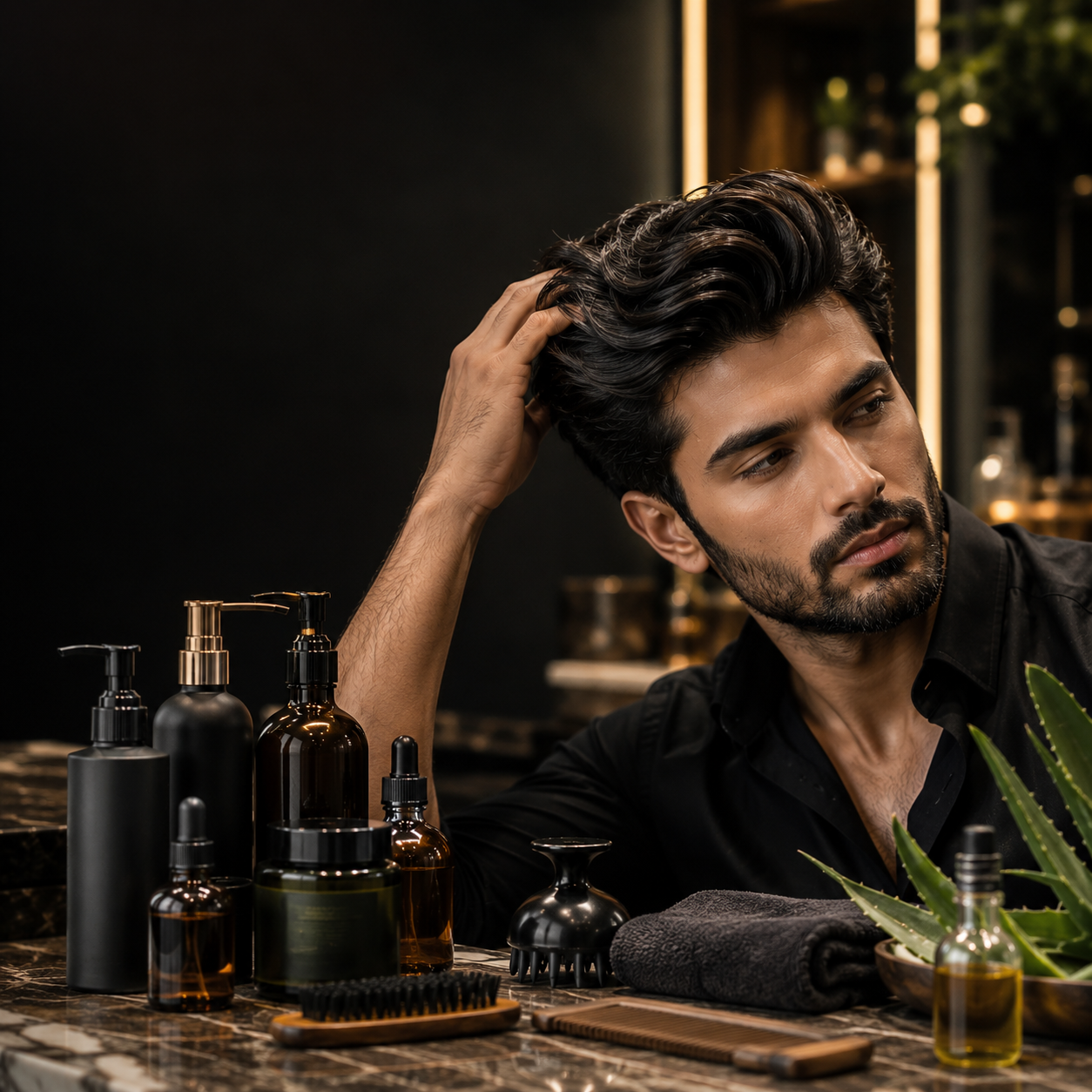 Man styling hair with premium matte clay hair care product
