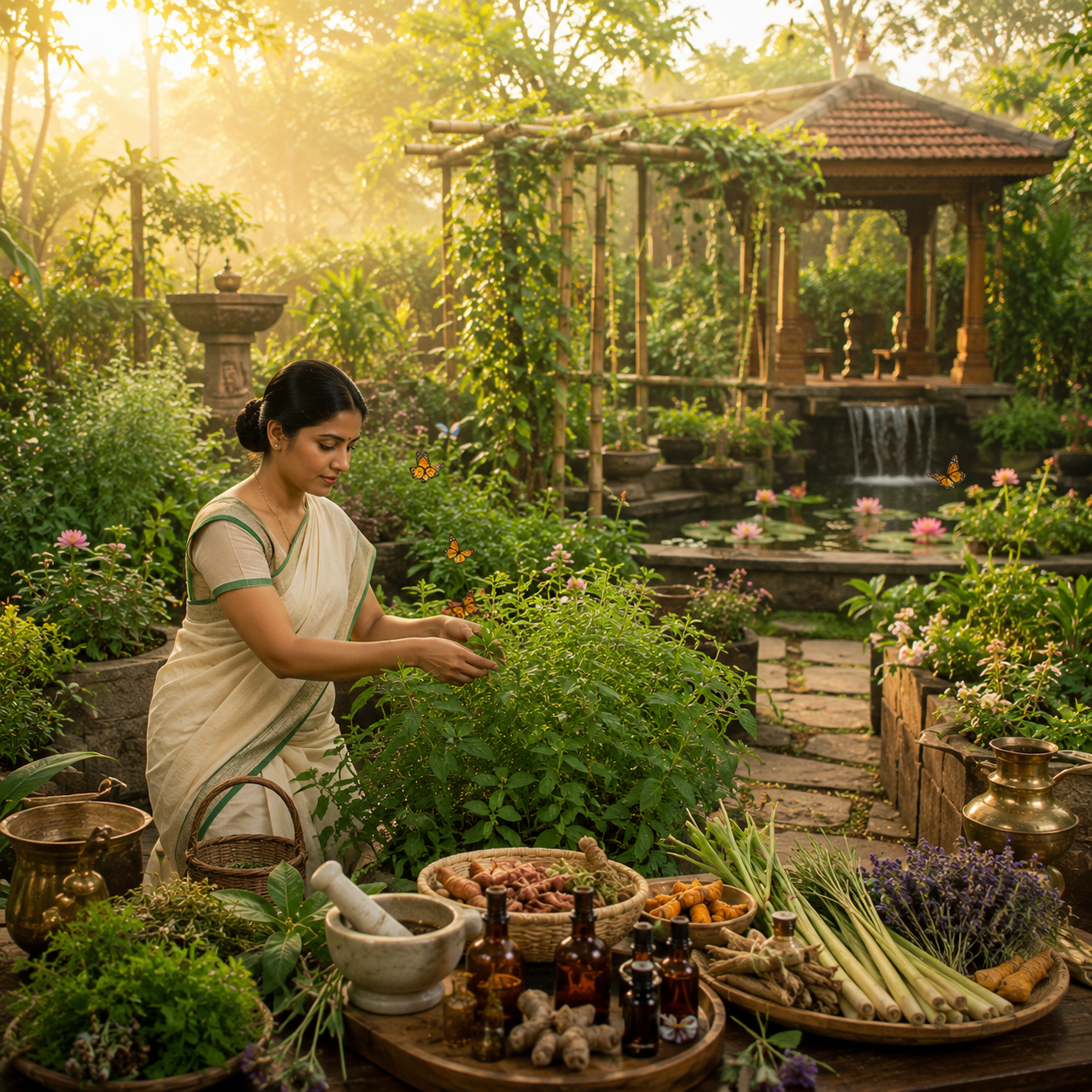 Ayurvedic practitioner preparing herbal remedies and essential oils
