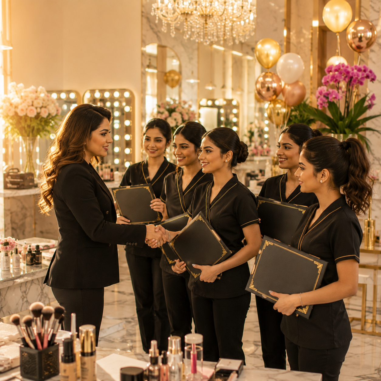Beauty academy instructor guiding students during professional makeup class