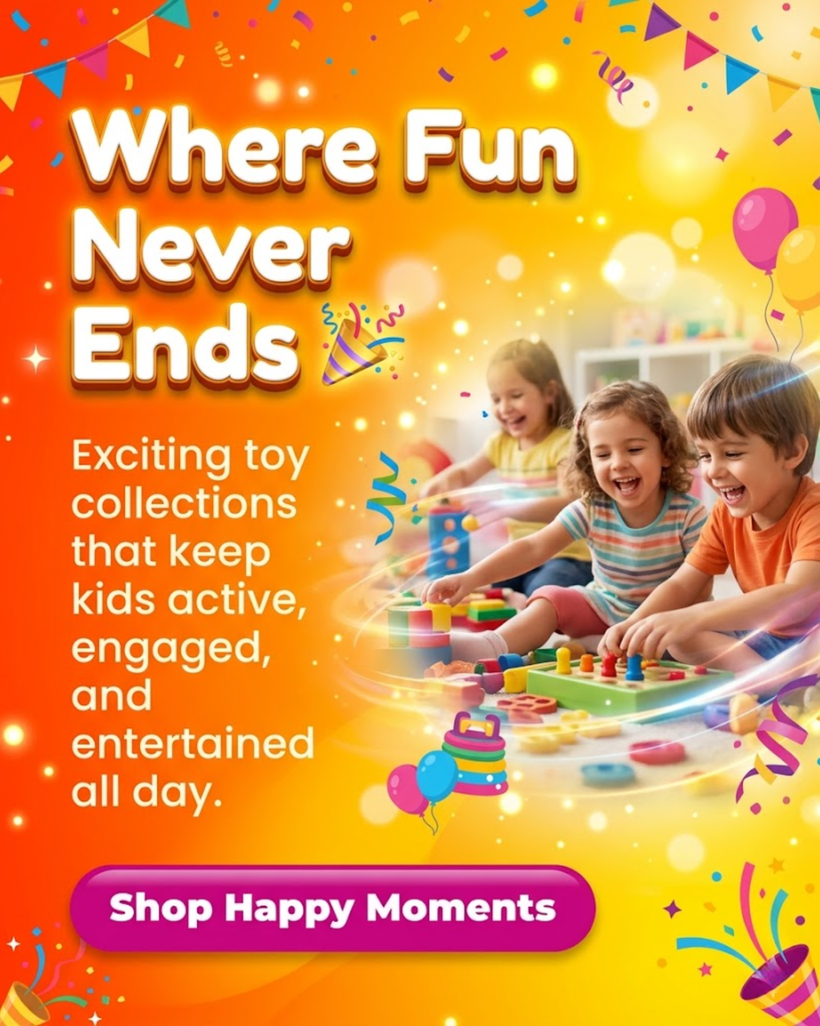 Colorful toy store displays and kids games promoted through automated social media content